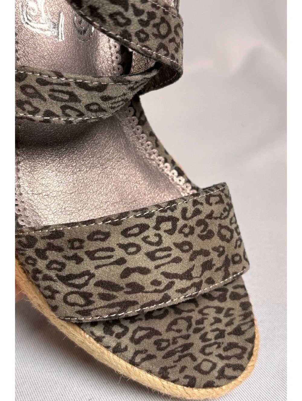 Very G Gray Leopard Print Wedge Sandals with Jute Wrapped Heel